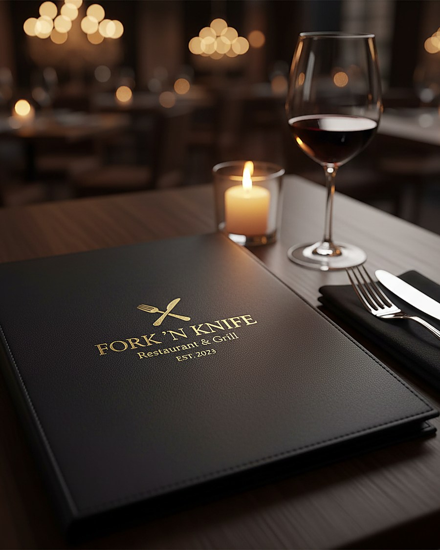 Fork N Knife menu folder in black leather with gold foil, beside a candle and a glass of red wine